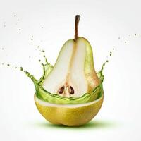 Dynamic pear fruit bursting with splash in studio setting photo
