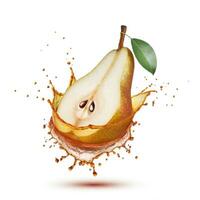 Closeup of pear fruit bursting with splash in soft lighting photo