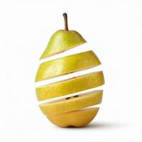 Organic pear slices displayed on white background photo