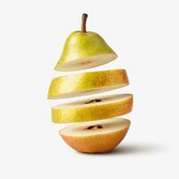 Ripe slices of pear fruit isolated on white photo
