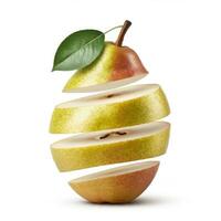 Fresh Juicy Sliced Pear Fruit with Green Leaf Isolated on White Background photo