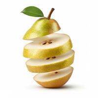 Organic Fresh Sliced Pear Fruit with Green Leaf on White Background photo