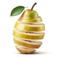 Fresh Sliced Pear Fruit with Green Leaf on White Background photo