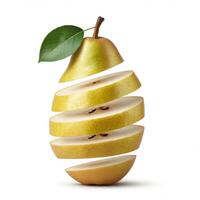 Fresh Pear Slices Against a White Backdrop photo