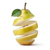 Ripe Sliced Pear Fruit with Green Leaf Isolated on White Background photo