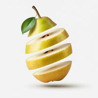 Fresh Organic Sliced Pear Fruit with Green Leaf Isolated on White Background photo
