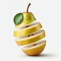 Ripe Sliced Pear Fruit with Green Leaf on White Background for Healthy Eating photo
