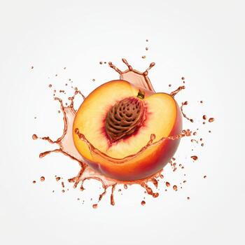 Close up of a fresh peach bursting with juice and splashing against white background perfect for summer recipes photo