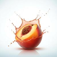 Vibrant peach fruit bursting with juice in a splash effect on white background for creative food projects photo