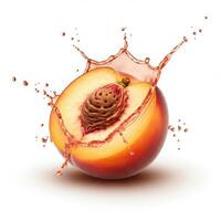 Juicy peach fruit bursting open with a splash for product labels and packaging photo