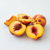 Half slice of fresh peach fruit isolated on white background perfect for minimalist designs photo