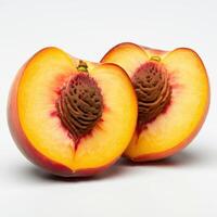 Half slice of fresh peach fruit on white background for engaging social media posts photo