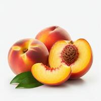 Juicy Peach Slice With Leaf On White Background For Healthy Lifestyle And Diet Concept photo