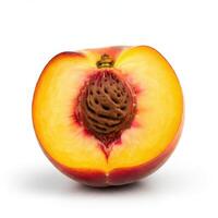 Half slice of fresh peach fruit on white background for eye-catching visuals photo