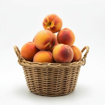 Overflowing basket of fresh peaches for trendy food content creation photo