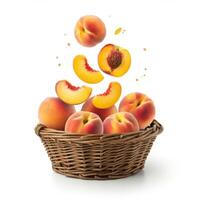 Whole and half slices of peaches overflowing in a basket for inspiring food photography photo