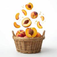 Whole and half slices of peaches overflowing in a basket for engaging social media posts photo
