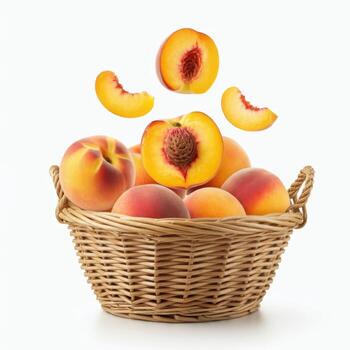 Overflowing basket of whole and half sliced peaches for fresh and inviting food visuals photo