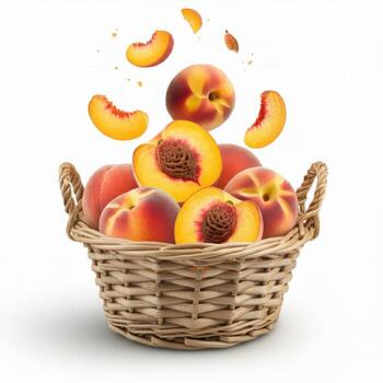 Overflowing basket of whole and half sliced peaches for trendy food content creation photo