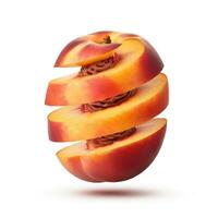 Peach fruit slices with a leaf, placed on a white background. photo