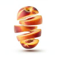 Peach slices with a leaf, placed on a bright white surface. photo