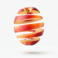 A fresh peach sliced with a single leaf on a white background. photo
