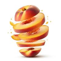 A white backdrop featuring slices of fresh peach and a leaf. photo