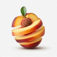 Peach slices with leaf on white background for fresh and zesty food visuals photo