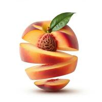 Closeup of fresh peach slices with leaf on white background for elegant food displays photo