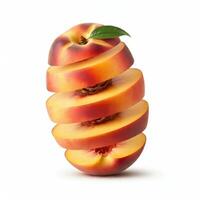 Fresh peach slices with leaf on white background for inspiring food photography photo