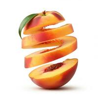 Fresh peach slices with leaf on white background for clean and minimalistic food design photo