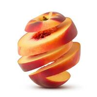Fresh peach slices accompanied by a leafy sprig on a white backdrop. photo
