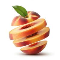 Fresh peach slices with leaf on white background for vibrant food photography photo