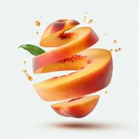 Peach slices with leaf on white background for vibrant and lively food displays photo