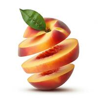 Peach slices with leaf on white background for fresh and appetizing food displays photo