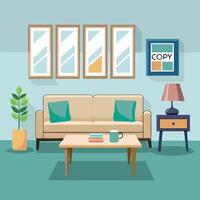 a living room with a couch, coffee table and lamp vector