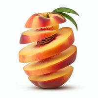 Fresh peach slices with leaf on white background for engaging social media posts photo