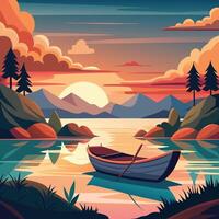 a boat on the lake at sunset with mountains in the background vector