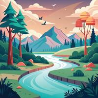 illustration of a beautiful landscape with a river and trees vector