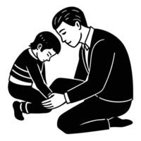 a black and white illustration of a man and child kneeling down vector