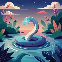 a cartoon snake in the water with plants and trees vector