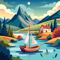 a sailing boat in the river with mountains in the background vector