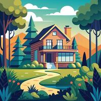 a cartoon house in the forest with trees and mountains vector
