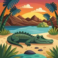illustration of a crocodile in the jungle at sunset vector