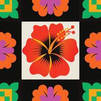 a pattern with a red hibiscus flower on a black background vector