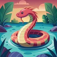 cartoon snake in the water with plants and trees vector