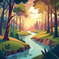 illustration of a forest landscape with a river and trees vector