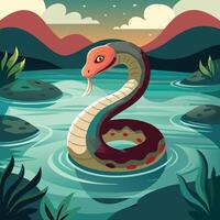 a cartoon snake in the water with mountains and grass vector