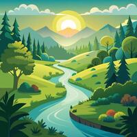 illustration of a beautiful forest landscape with a river and mountains vector