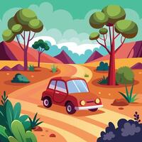 illustration of a car driving on a road in the desert vector